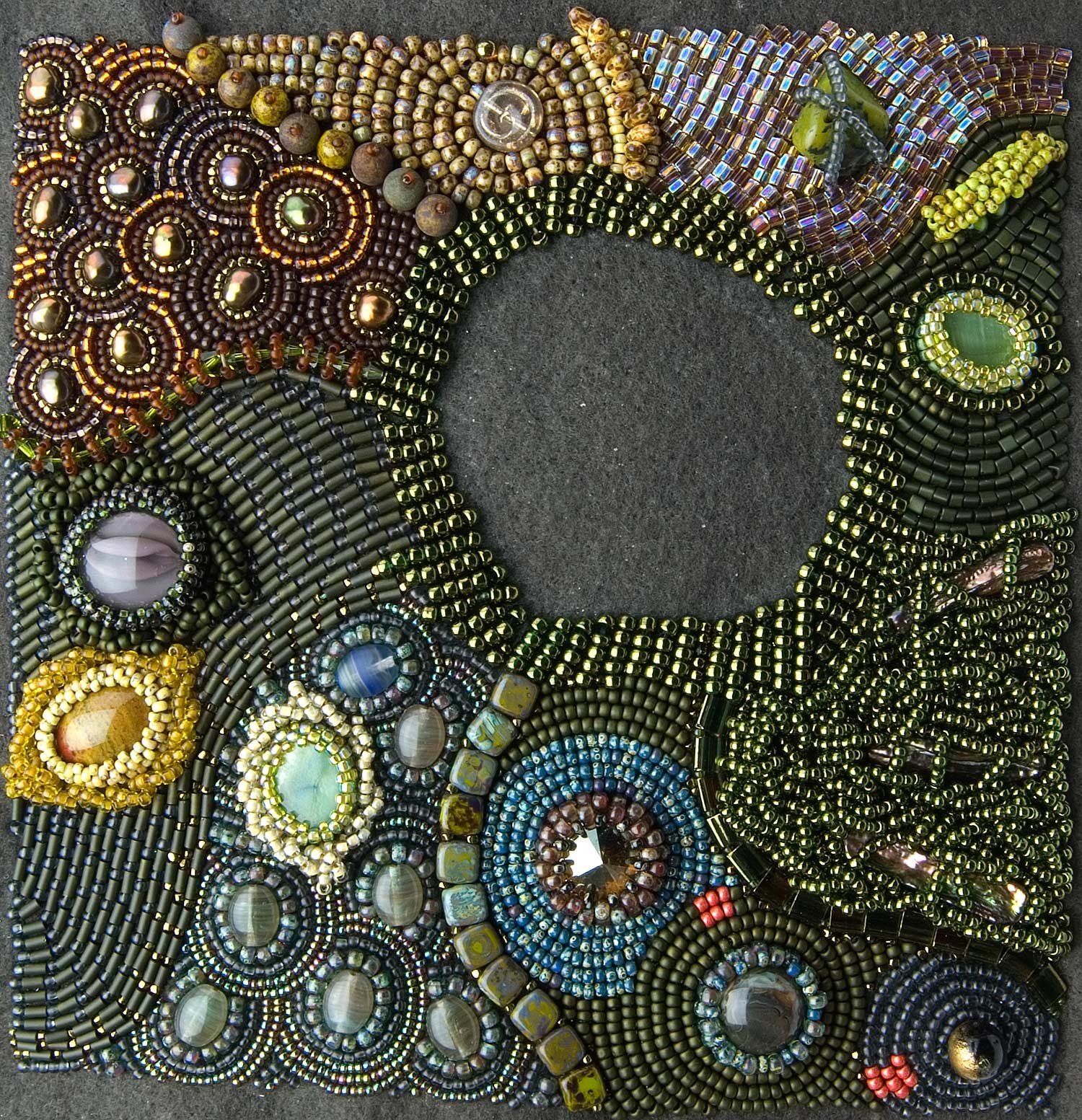 View of beaded backgroung. Bead Embroidered using a variety of glass beads, crystals, pearls, and cabochons. Image copyright © Rose Rushbrooke.