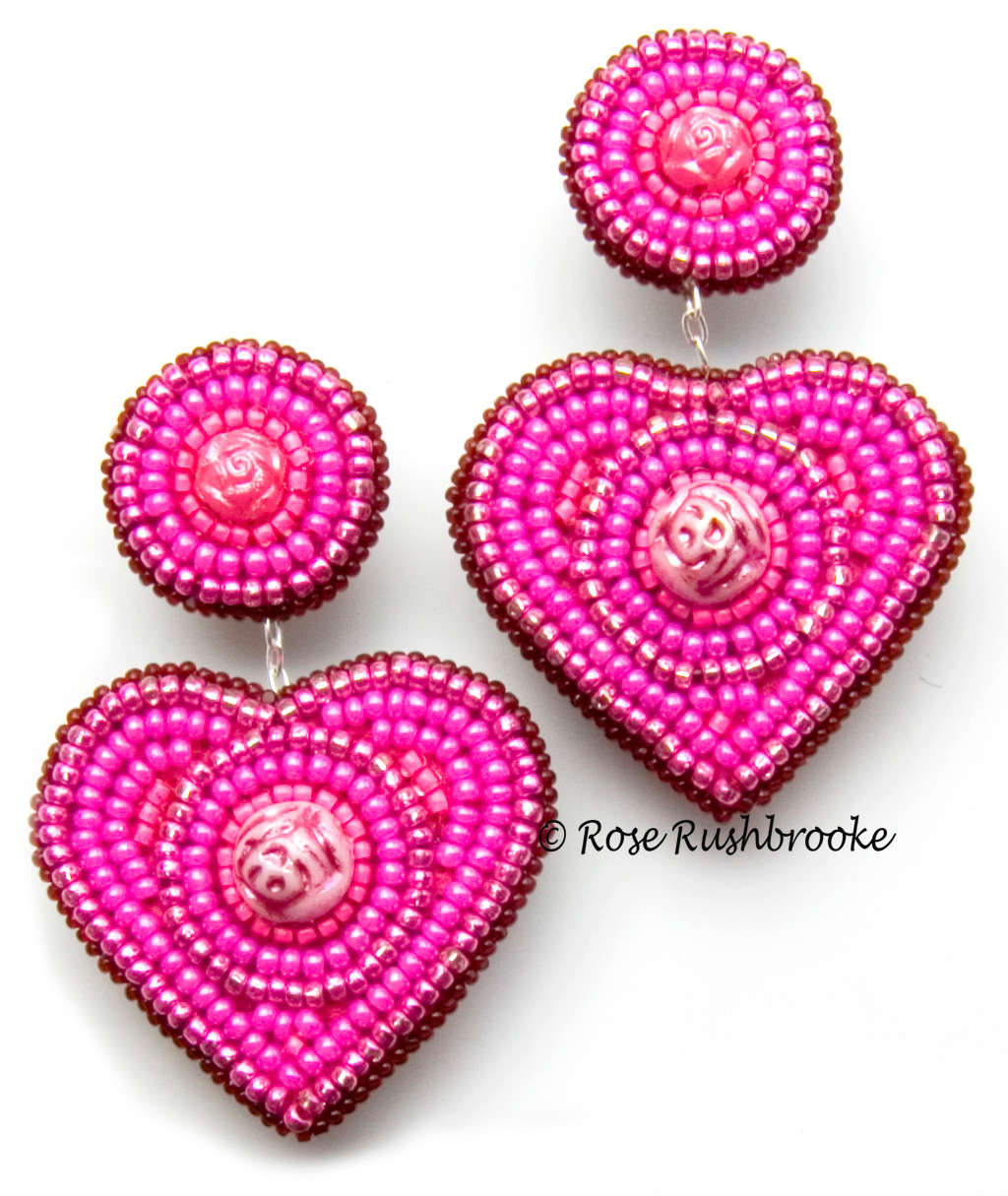 Embroidered Beaded Heart Earrings - candy rose Czech glass beads, seed beads, and silver chain. Image copyright © Rose Rushbrooke.