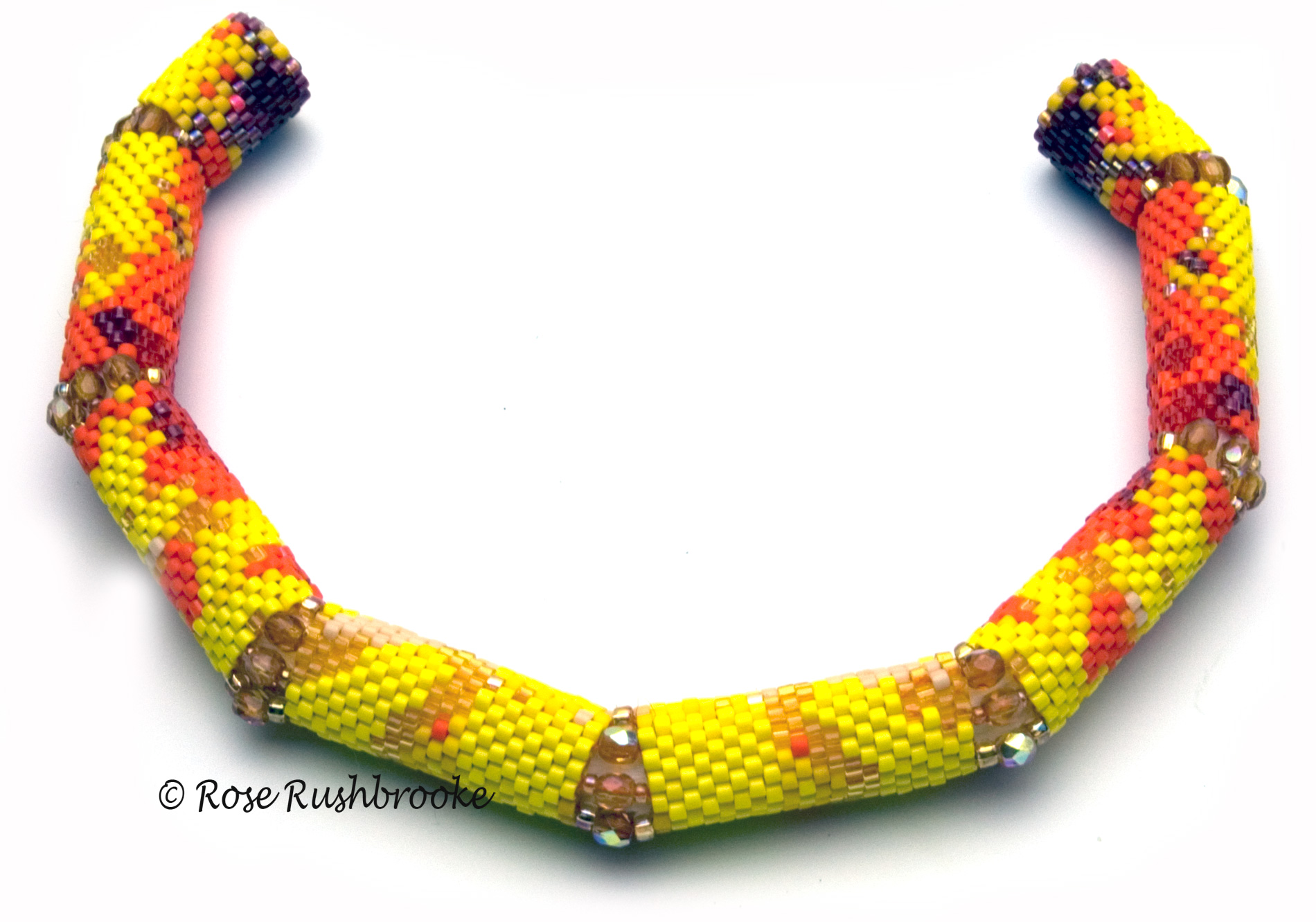  Open Monsella Tulip Bracelet by Rose Rushbrooke. Bead weaving using delicas, seed beads and fire polish crystals, peyote stitch. Image copyright &copy; Rose Rushbrooke.