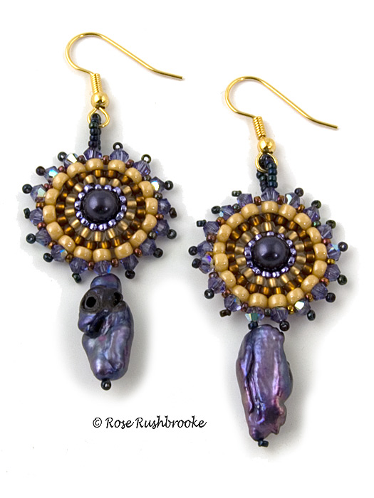 Chrysogonum, gold and green earrings - cubic right angle weave bead stitch. Made with seed beads, crystals, and glass pearls. Image copyright &copy; Rose C Rushbrooke.