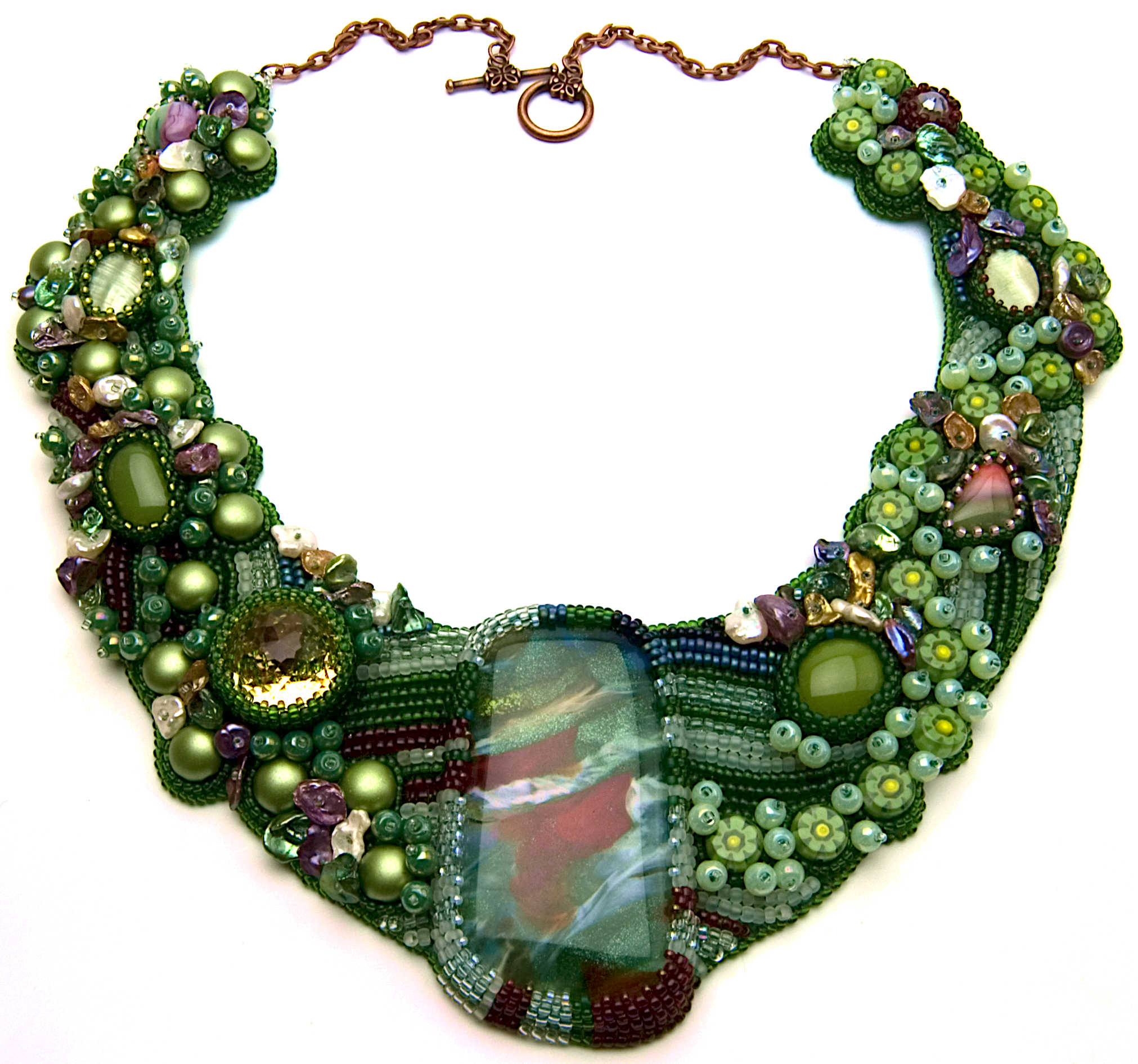 Spring Collar by Rose Rushbrooke. Bead weaving and embroidery. Seed beads, crystals, Czech glass beads, pearls, dichroic glass focal, and glass millefiori. Image copyright &copy; Rose Rushbrooke.