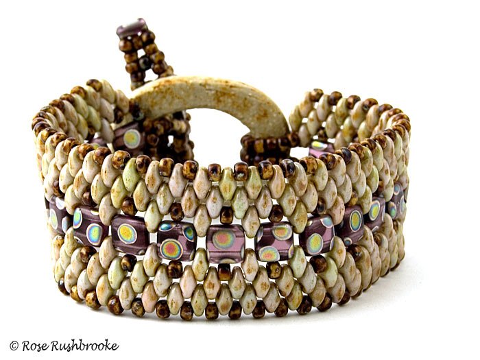 Back view of Stone Tile and superduo bracelet with hand made ceramic clasp.. Image copyright &copy; Rose C Rushbrooke.