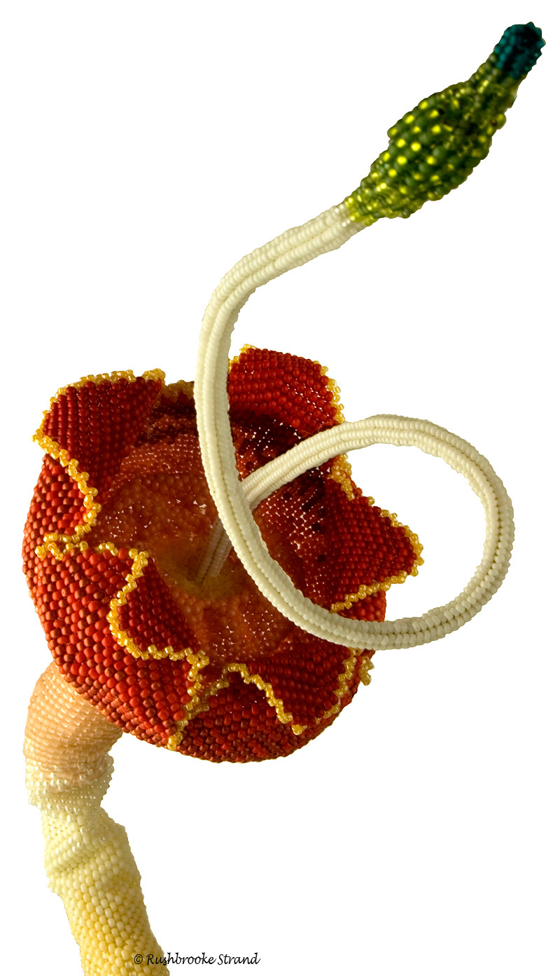 Close up 4 of Triffid - seed beads, crystals, Czech glass beads, ceramic focal, ammonites, and selected beads. Peyote stitch beadweaving, bead embroidery. BeadDreams 2018 finalist. Image copyright &copy; Rose Rushbrooke.