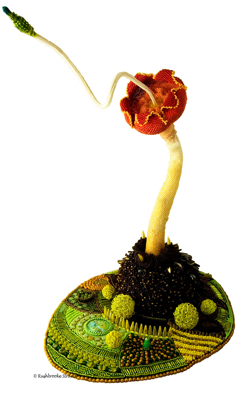 Triffid - seed beads, crystals, Czech glass beads, ceramic focal, ammonites, and selected beads. Peyote stitch beadweaving, bead embroidery. BeadDreams 2018 finalist. Image copyright &copy; Rose Rushbrooke.