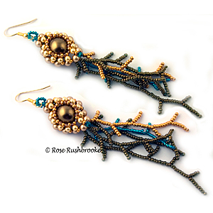Chrysogonum Earrings by Rose Rushbrooke. Bead weaving. Pearl focal, and seed beads. Image copyright © Rose Rushbrooke.