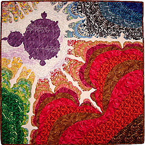 Cliffs of Progress - fractal quilt by Rose Rushbrooke. Hand stitched - hand dyed and printed cotton, silk embroidery floss, glass beads. Image copyright © Rose Rushbrooke.