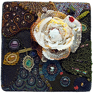Covid 19 - White Rose by Rose Rushbrooke. Bead embroidery and weaving. Seed beads, Swarovski crystals, Czech glass beads, dyed freshwater pearls, cabochons. Image copyright © Rose Rushbrooke.