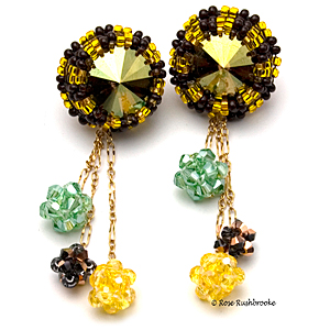 Inspired by a Bee Earrings by Rose Rushbrooke. Bead weaving. Crystal rivoli focal, and seed beads. Image copyright © Rose Rushbrooke.
