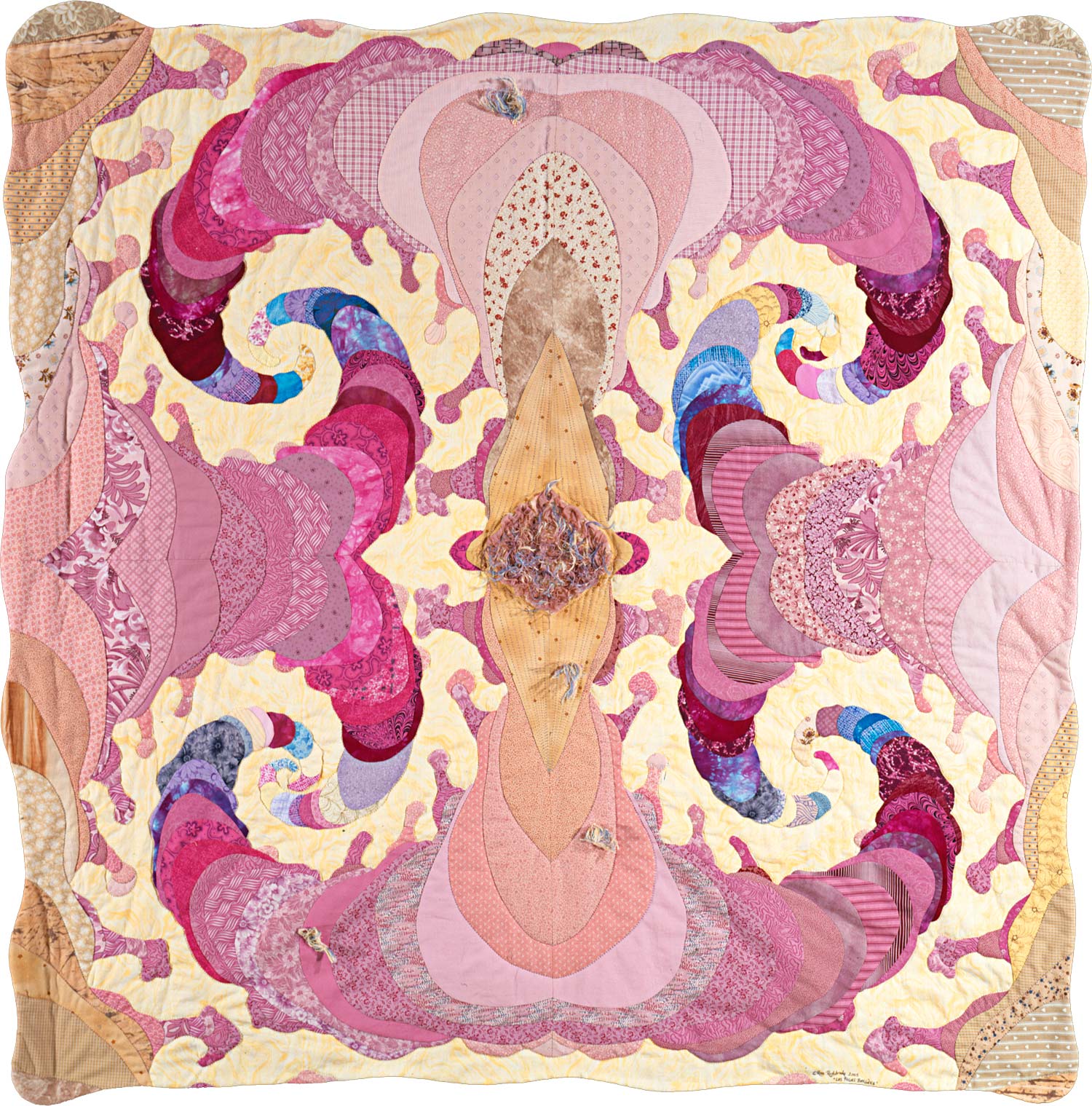 Les Folies Bergere - fractal quilt by Rose Rushbrooke. Hand stitched. Hand dyed and commercial fabrics. Image copyright © Rose Rushbrooke.