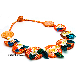Orange You Blue Necklace by Rose Rushbrooke. Bead weaving. Glass seed beads, and Swarovski crystals. Image copyright © Rose Rushbrooke.