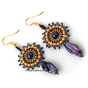 Passionflower Pearl Drop Earrings by Rose Rushbrooke. Bead weaving. Glass seed beads, Swarovski crystals and pearls, and freshwater pearls. Image copyright © Rose Rushbrooke.