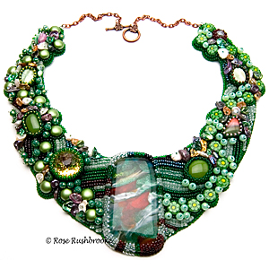Spring Collar by Rose Rushbrooke. Bead embroidery. Glass focal, seed beads, freshwater pearls, glass pearls, Swarovski crystals, Czech glass beads. Image copyright © Rose Rushbrooke.