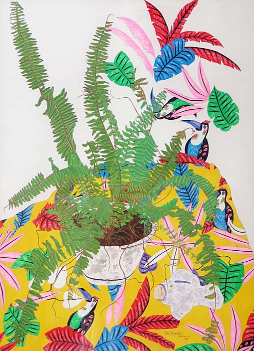 Fish and Fern - gouache and ink painting on paper by Rose Rushbrooke. Image copyright © Rose Rushbrooke.