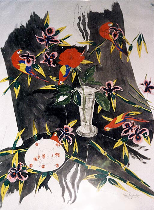 Parrots and Rose - gouache and ink painting on paper by Rose Rushbrooke. Image copyright © Rose Rushbrooke.