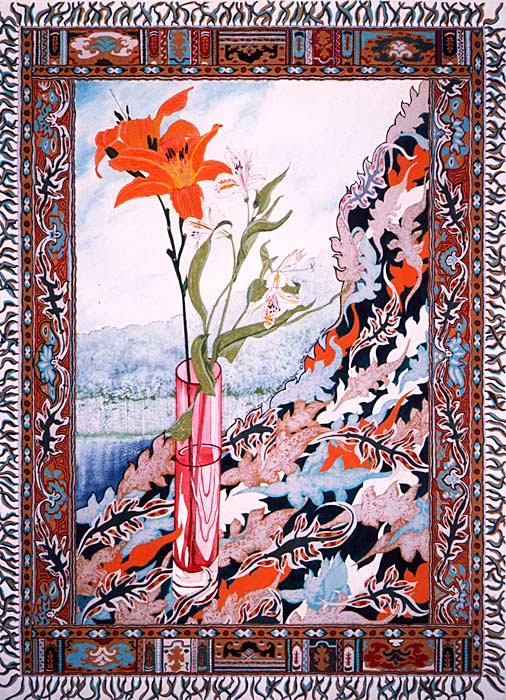 Silks and Lilies in Virginia's June - gouache and ink painting on paper by Rose Rushbrooke. Image copyright © Rose Rushbrooke.