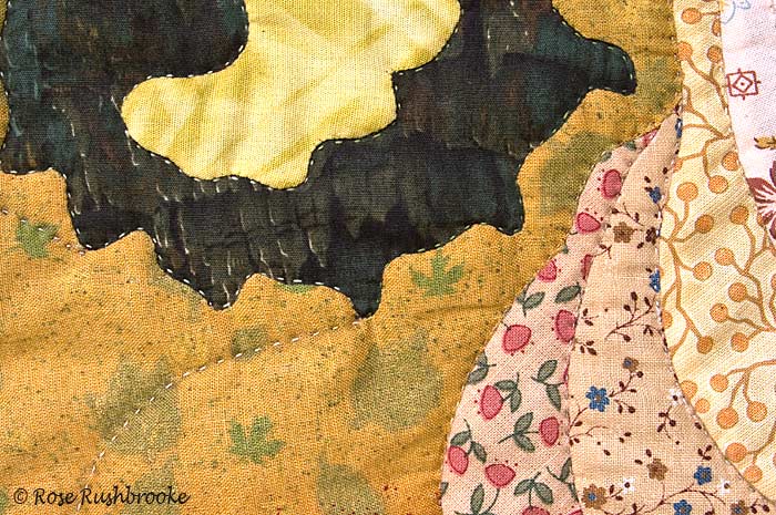 Detail 1 Bracken - fractal art quilt by Rose Rushbrooke, created for National Parks Project. Hand stitched using commercially printed fabrics. Image copyright &copy; Rose Rushbrooke.