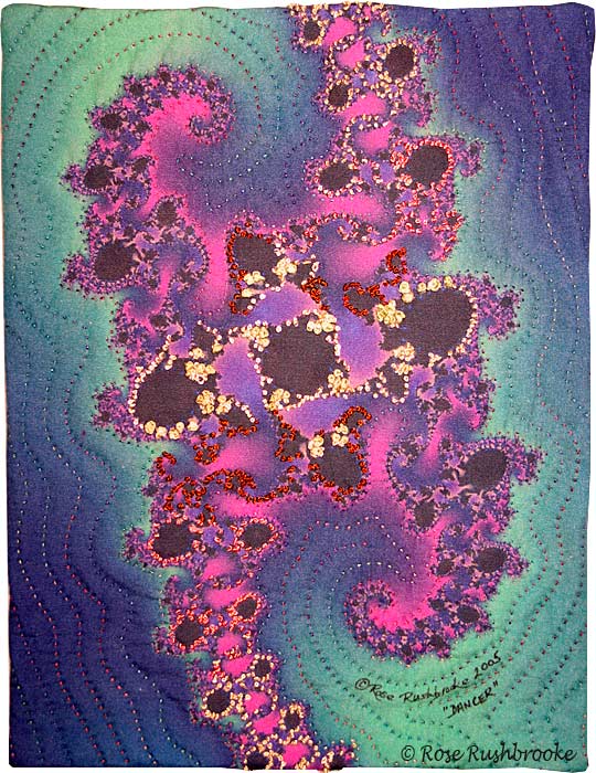 Dancer - fractal art quilt by Rose Rushbrooke. Hand stitched on hand printed cotton. Image copyright © Rose Rushbrooke.