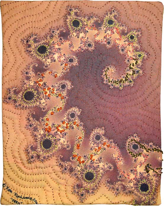 Fern - fractal art quilt by Rose Rushbrooke. Hand stitched on hand printed cotton. Image copyright © Rose Rushbrooke.