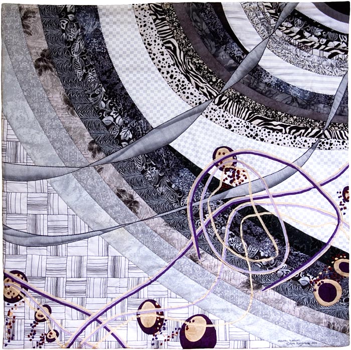 Fractal Ribbons - fractal art quilt by Rose Rushbrooke, created for Make Our Mark exhibition - High Fiber Diet group, Portland, Oregon. Hand stitched using commericially printed cotton fabric and silk thread and ribbon. Image copyright &copy; Rose Rushbrooke.