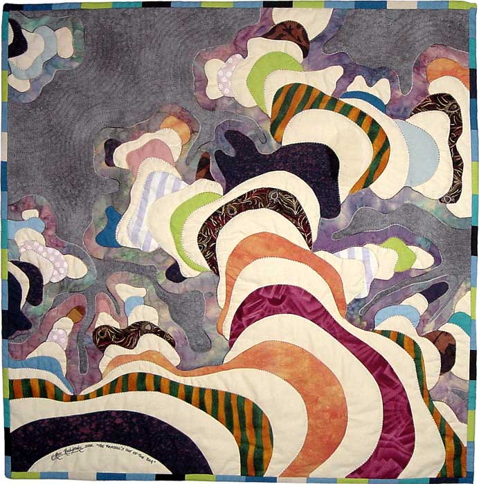 The Fractal's Out of the Bag - fractal art quilt by Rose Rushbrooke. Hand stitched using hand dyed and commercially printed cotton. Image copyright &copy; Rose Rushbrooke.