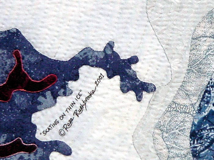 Detail 1 Skating on Thin Ice, fractal art quilt by Rose Rushbrooke. Hand dyed and printed cotton, and velvet, hand stitched. Image copyright &copy; Rose Rushbrooke.