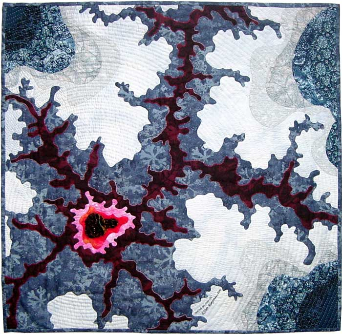Skating on Thin Ice, fractal art quilt by Rose Rushbrooke. Hand dyed and printed cotton, and velvet, hand stitched. Image copyright &copy; Rose Rushbrooke.