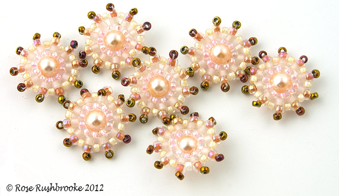 Pearl circles - bead weaving, glass pearl, seed beads. Image copyright &copy; Rose Rushbrooke.