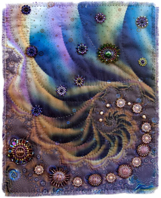 Subterranean Spiral - fractal art quilt by Rose C Rushbrooke, hand stitched, printed on cotton,  beads, crystals and pearls - mounted on canvas.