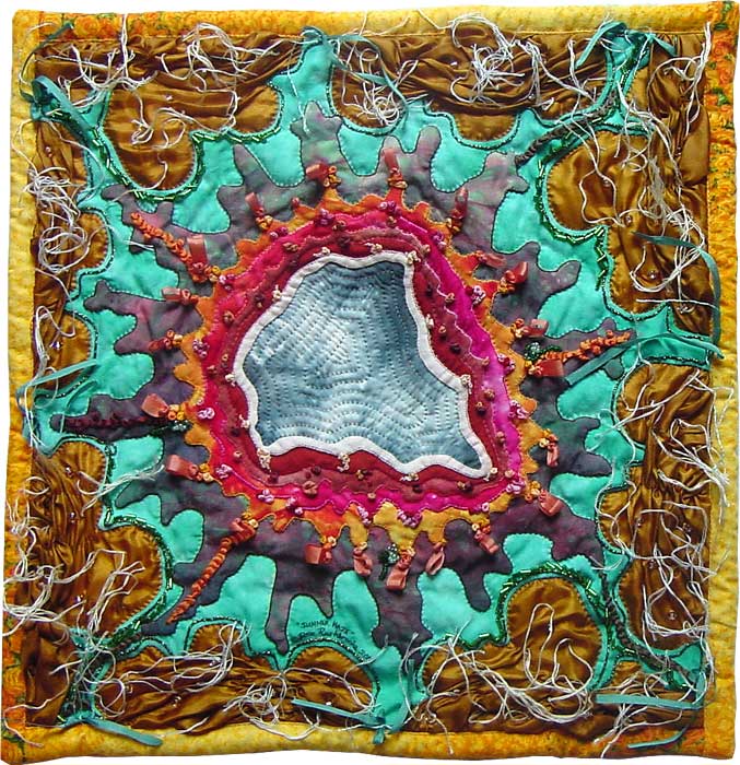 Sheep's Eyes - fractal art quilt by Rose C Rushbrooke, hand stitched, hand dyed and commercially printed cotton, beads, silk ribbon. Image copyright &copy; Rose C Rushbrooke.